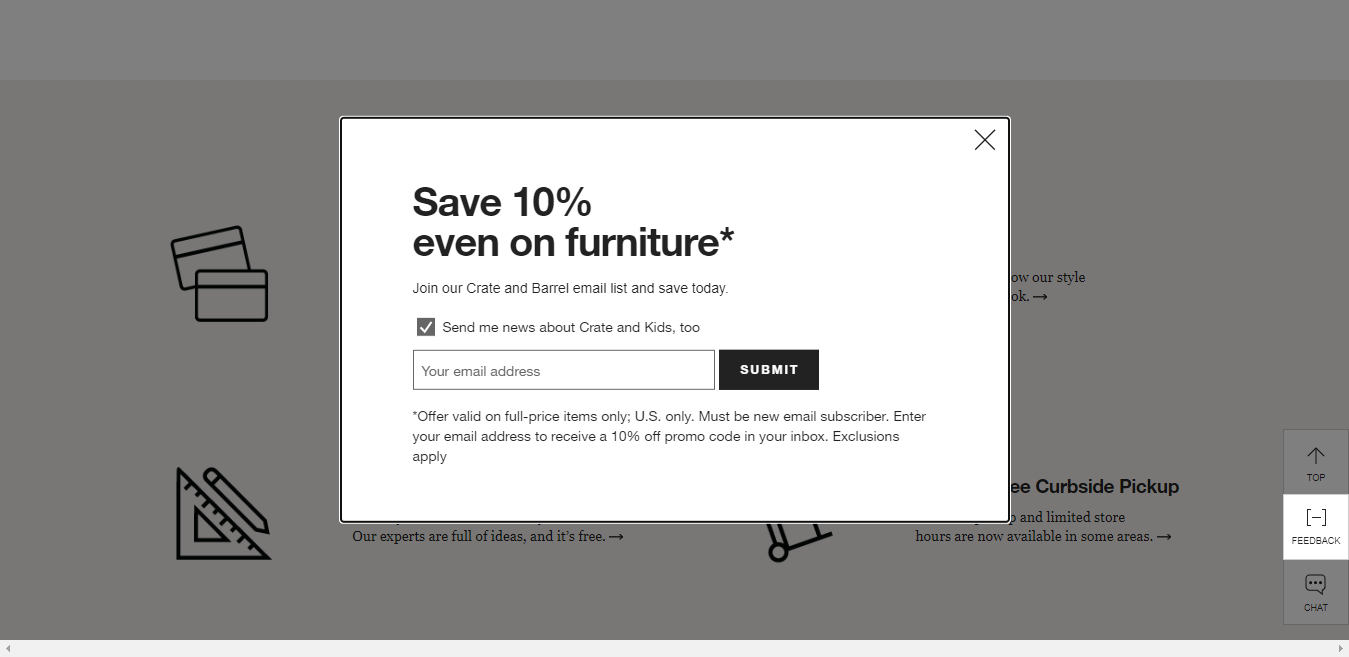 Crate and Barrel Exit-Intent Popup